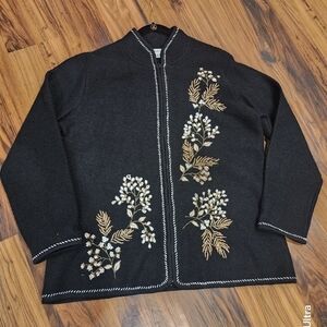Coldwater Creek Floral Embellished 100% Wool Zip Cardigan 2XL